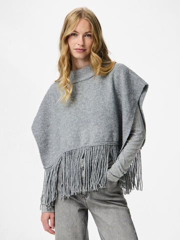 PIECES Knitted Tassel Poncho in Light Grey