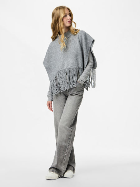 PIECES Knitted Tassel Poncho in Light Grey