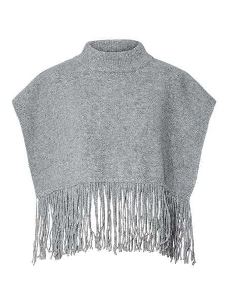 PIECES Knitted Tassel Poncho in Light Grey