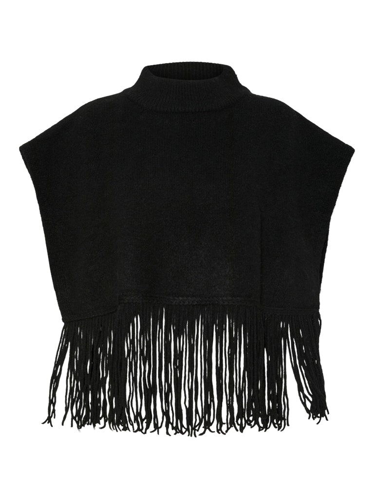 PIECES Knitted Tassel Poncho in Black