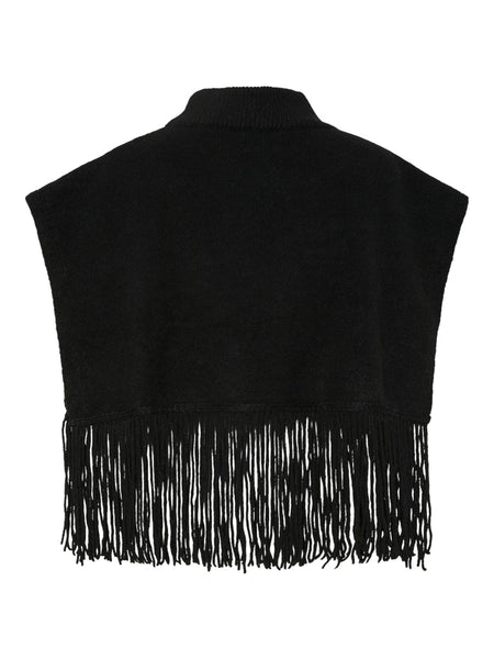 PIECES Knitted Tassel Poncho in Black