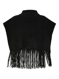 PIECES Knitted Tassel Poncho in Black