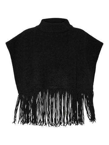 PIECES Knitted Tassel Poncho in Black