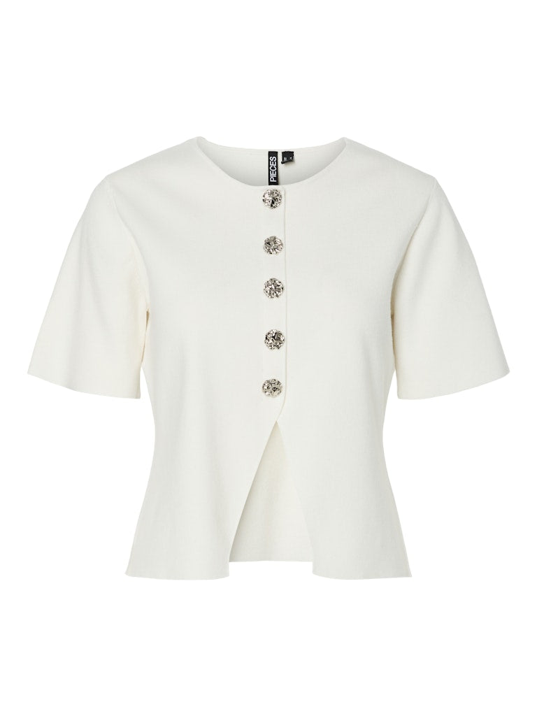 PIECES Short Sleeve Button Detail Knit Top in White