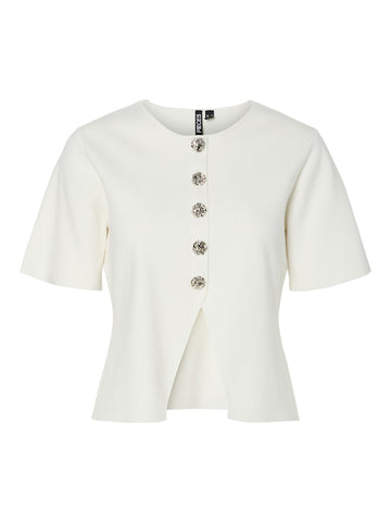 PIECES Short Sleeve Button Detail Knit Top in White