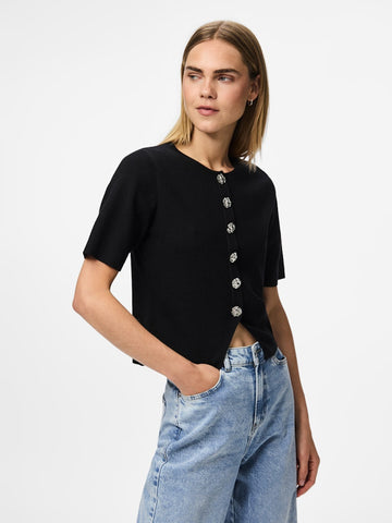 PIECES Short Sleeve Button Detail Knit Top in Black