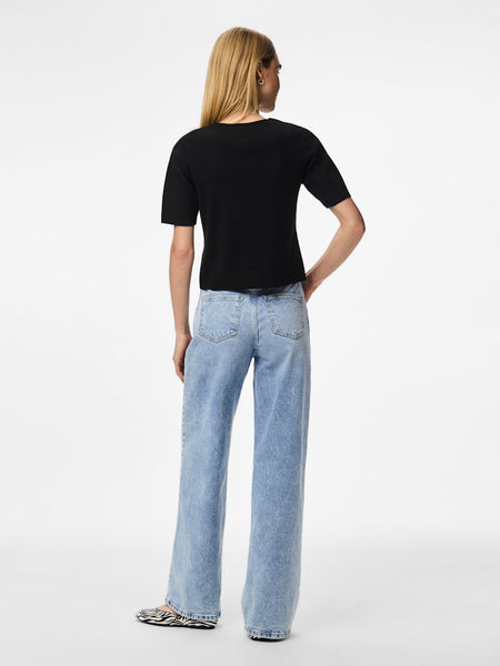 PIECES Short Sleeve Button Detail Knit Top in Black