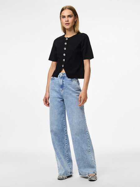 PIECES Short Sleeve Button Detail Knit Top in Black