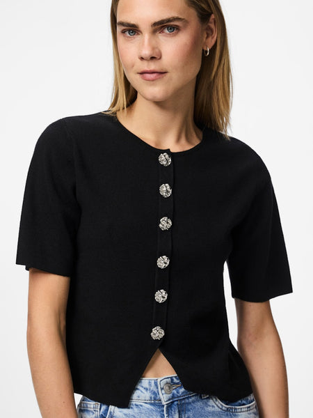 PIECES Short Sleeve Button Detail Knit Top in Black