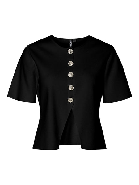 PIECES Short Sleeve Button Detail Knit Top in Black