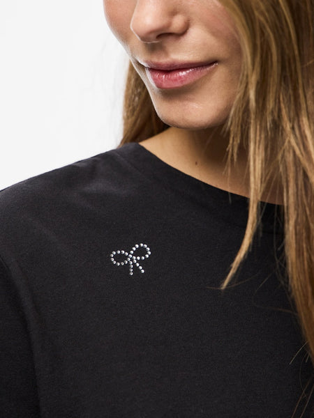 PIECES Diamante Bow T-Shirt in Black