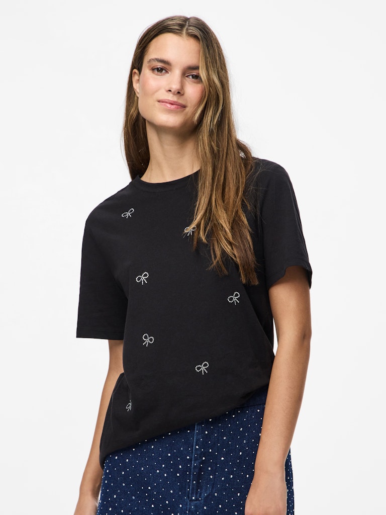 PIECES Diamante Bow T-Shirt in Black