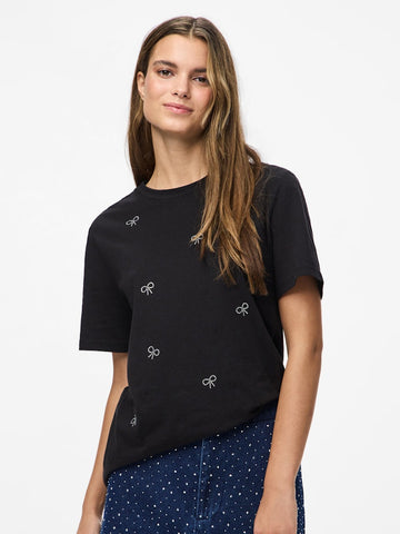 PIECES Diamante Bow T-Shirt in Black