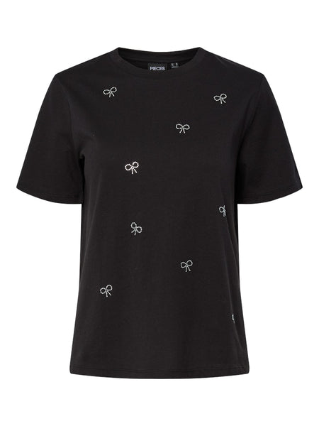 PIECES Diamante Bow T-Shirt in Black
