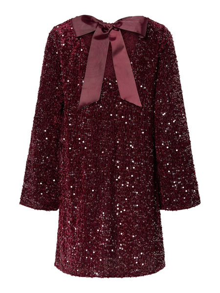 PIECES Short Sequin Bow Back Dress in Burgundy
