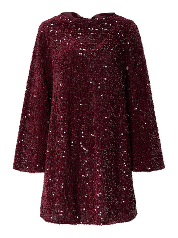 PIECES Short Sequin Bow Back Dress in Burgundy