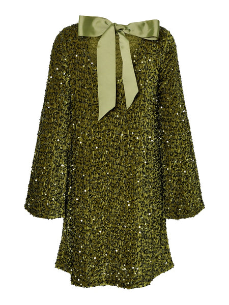 PIECES Short Sequin Bow Back Dress in Green