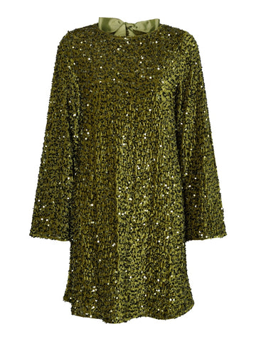 PIECES Short Sequin Bow Back Dress in Green