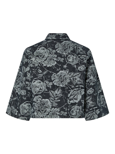 PIECES 3/4 Sleeve Floral Denim Shirt in Black
