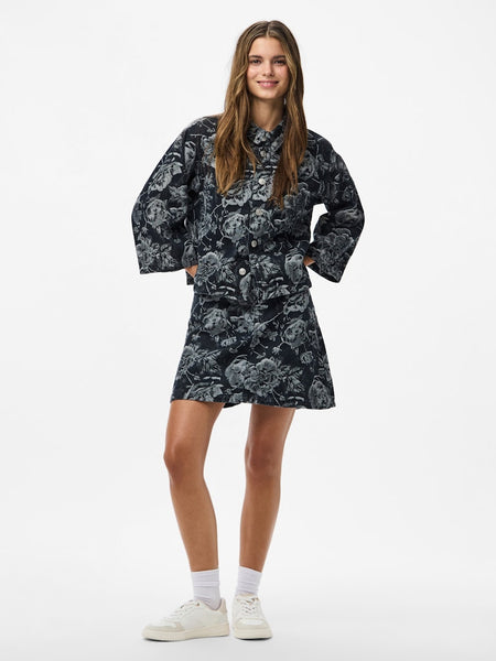 PIECES 3/4 Sleeve Floral Denim Shirt in Black