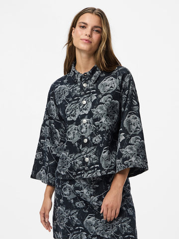 PIECES 3/4 Sleeve Floral Denim Shirt in Black