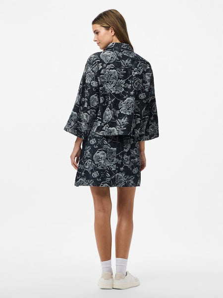 PIECES 3/4 Sleeve Floral Denim Shirt in Black