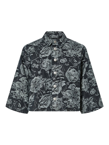 PIECES 3/4 Sleeve Floral Denim Shirt in Black