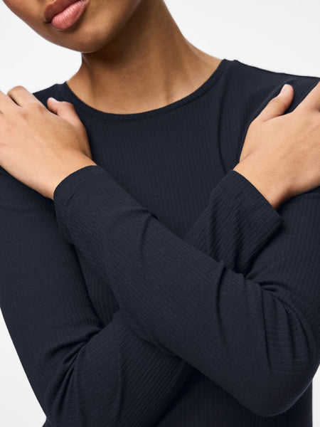 PIECES Long Sleeve Ribbed Top in Navy