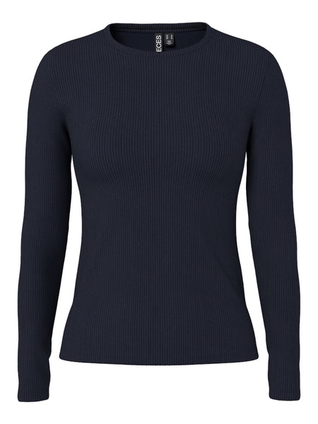 PIECES Long Sleeve Ribbed Top in Navy