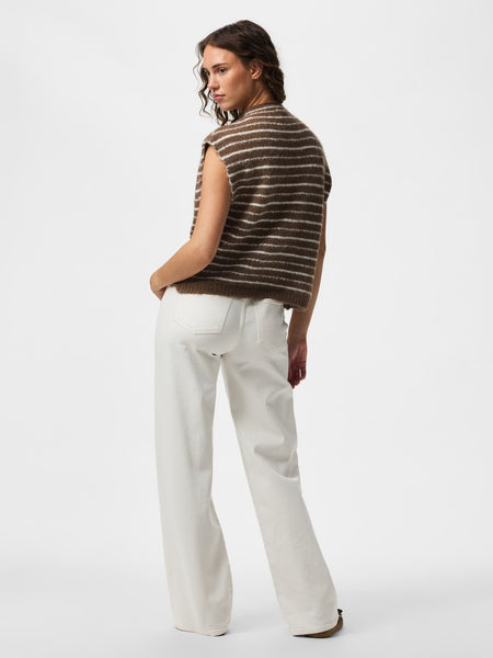 PIECES Striped Button Knit Vest in Brown