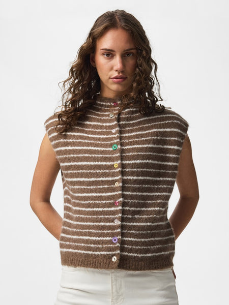 PIECES Striped Button Knit Vest in Brown