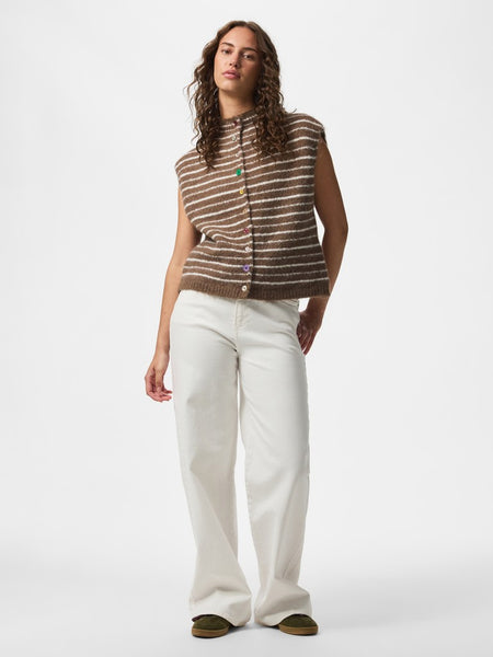 PIECES Striped Button Knit Vest in Brown