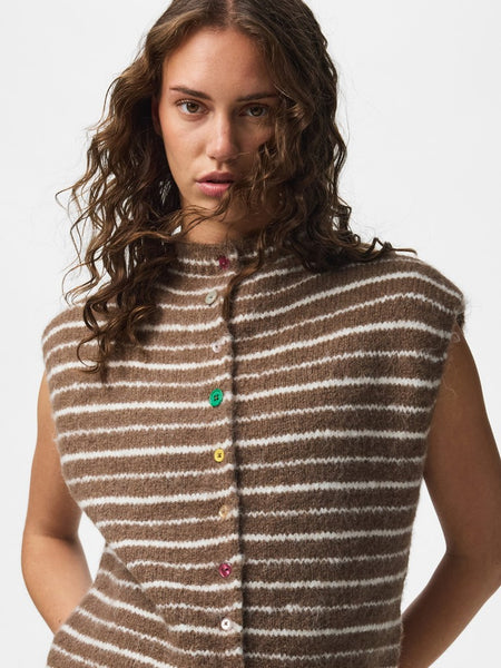 PIECES Striped Button Knit Vest in Brown