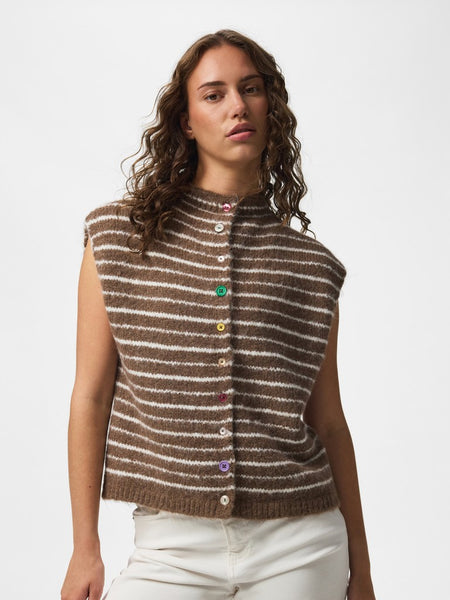 PIECES Striped Button Knit Vest in Brown