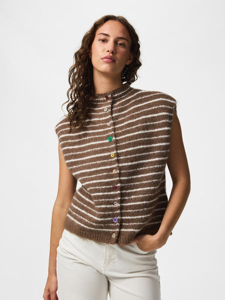 PIECES Striped Button Knit Vest in Brown