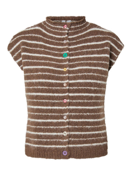 PIECES Striped Button Knit Vest in Brown