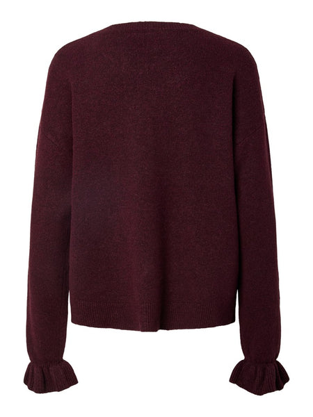 PIECES Reversible Frill Tie Knit Cardigan in Burgundy