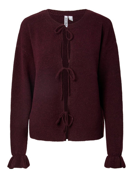 PIECES Reversible Frill Tie Knit Cardigan in Burgundy