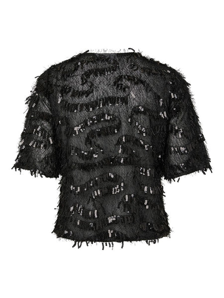 PIECES Short Sleeve Frayed Sequin Top in Black