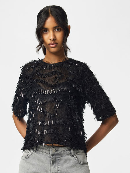 PIECES Short Sleeve Frayed Sequin Top in Black