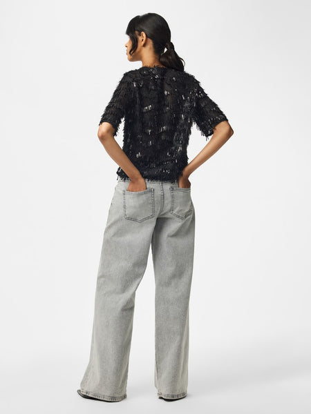 PIECES Short Sleeve Frayed Sequin Top in Black
