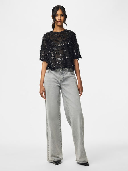PIECES Short Sleeve Frayed Sequin Top in Black
