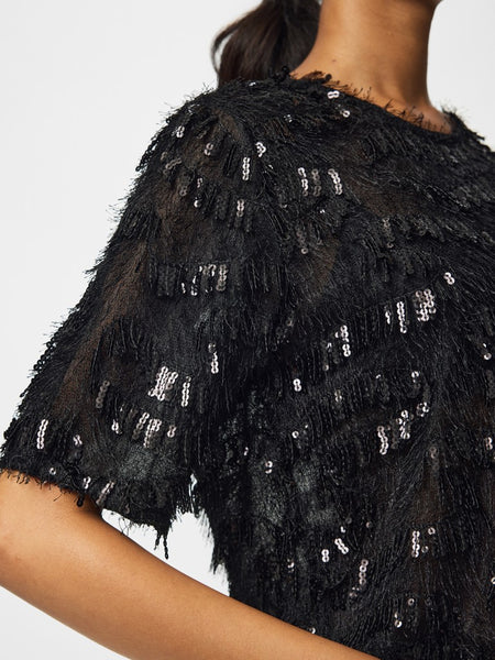 PIECES Short Sleeve Frayed Sequin Top in Black