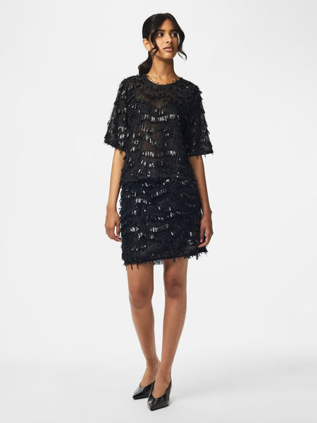 PIECES Short Sleeve Frayed Sequin Top in Black
