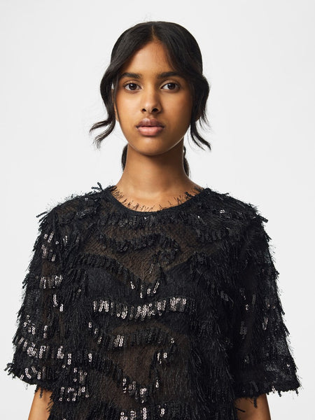 PIECES Short Sleeve Frayed Sequin Top in Black