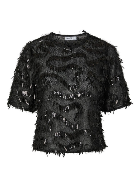 PIECES Short Sleeve Frayed Sequin Top in Black