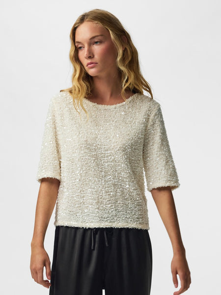 PIECES Short Sleeve Sequin Top in Cream