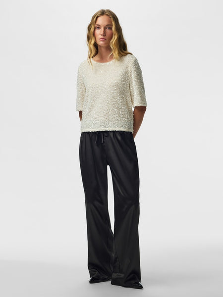 PIECES Short Sleeve Sequin Top in Cream