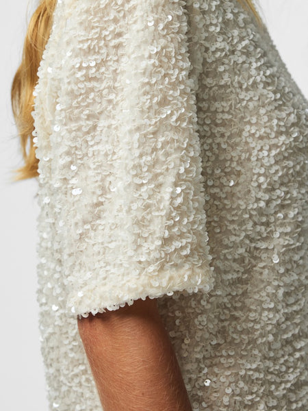 PIECES Short Sleeve Sequin Top in Cream