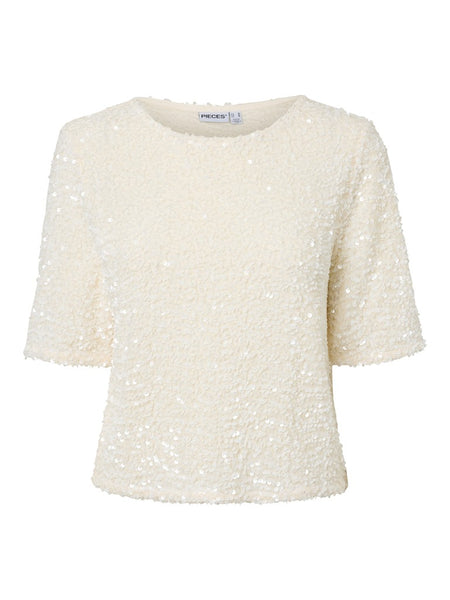 PIECES Short Sleeve Sequin Top in Cream